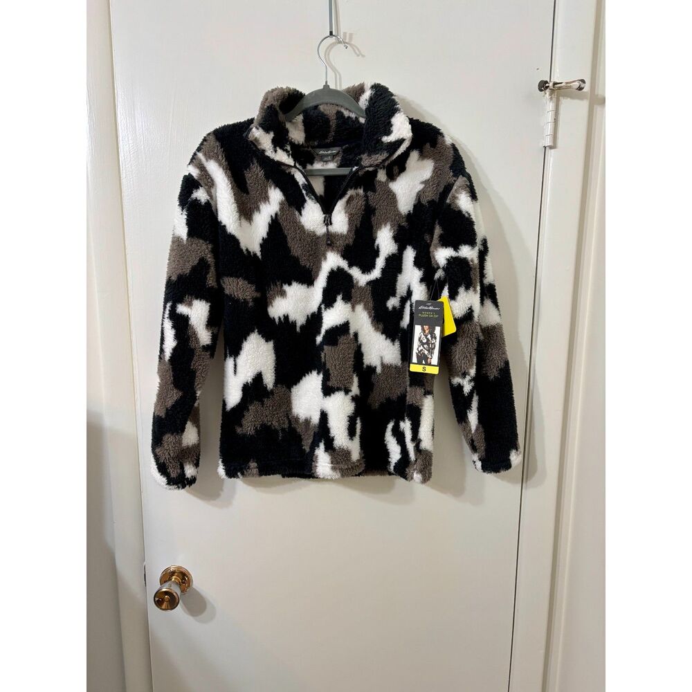 Eddie Bauer NWT W Small Silky Deep Sherpa Fleece Black-White-Gray 1/4 Zip Coat